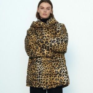 Zara Puffer Cheetah Animal Print Hooded Water Resistant Oversized Jacket CoatNEW
